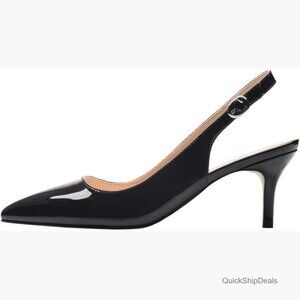Faux Leather Slingback Kitten Heel Pumps with Pointed Toe
